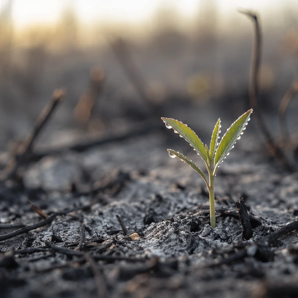 Fresh Green Shoot Rising from Ashes