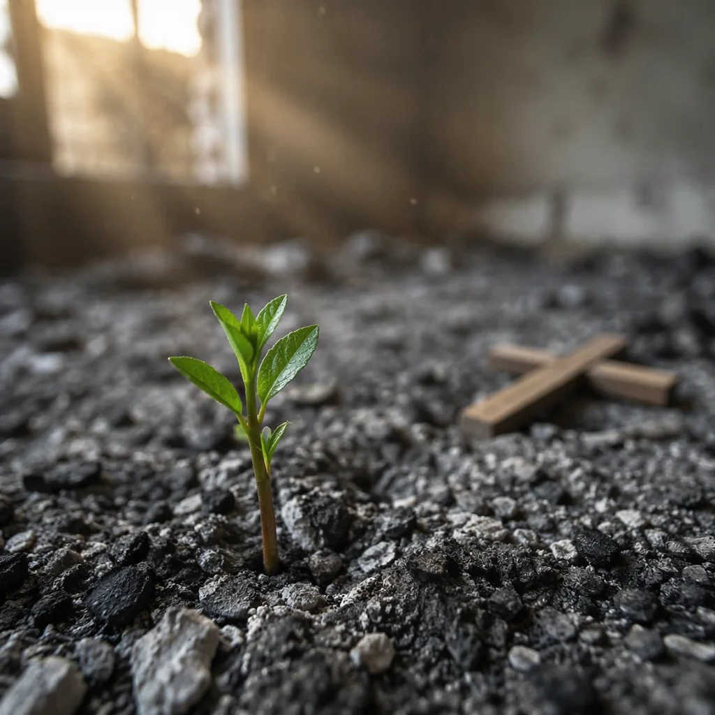 Green Shoot Rising From Prayer Room Ashes