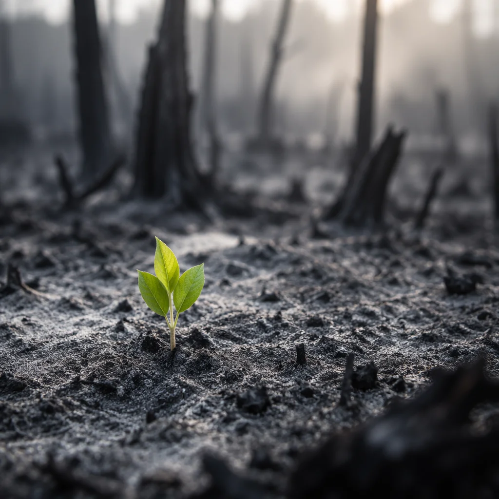 Green Shoot Emerging from Gray Ashes