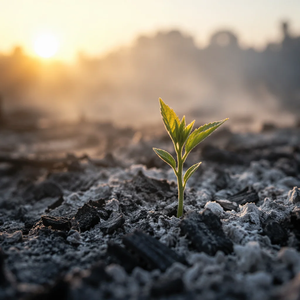 Green Shoot Emerging from Gray Ashes