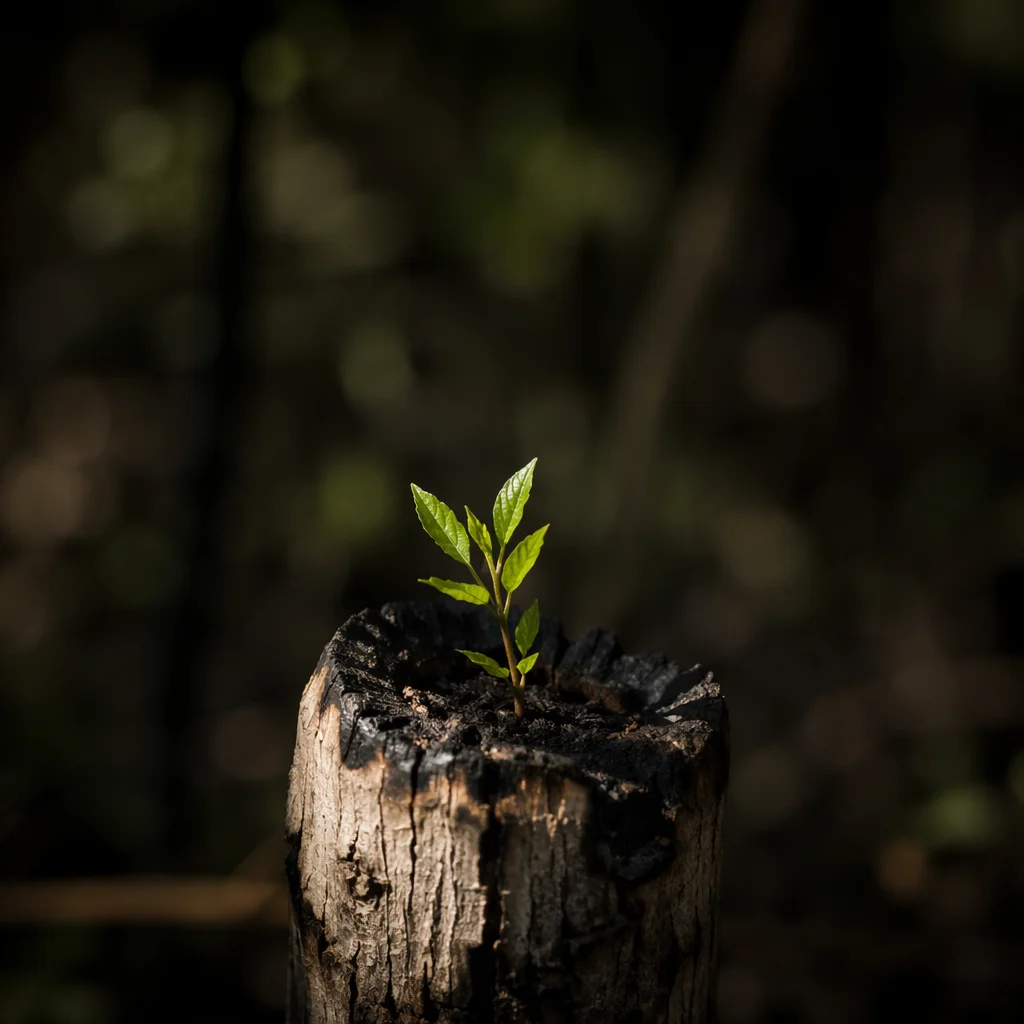 Fresh Green Shoot Rising from Ashes