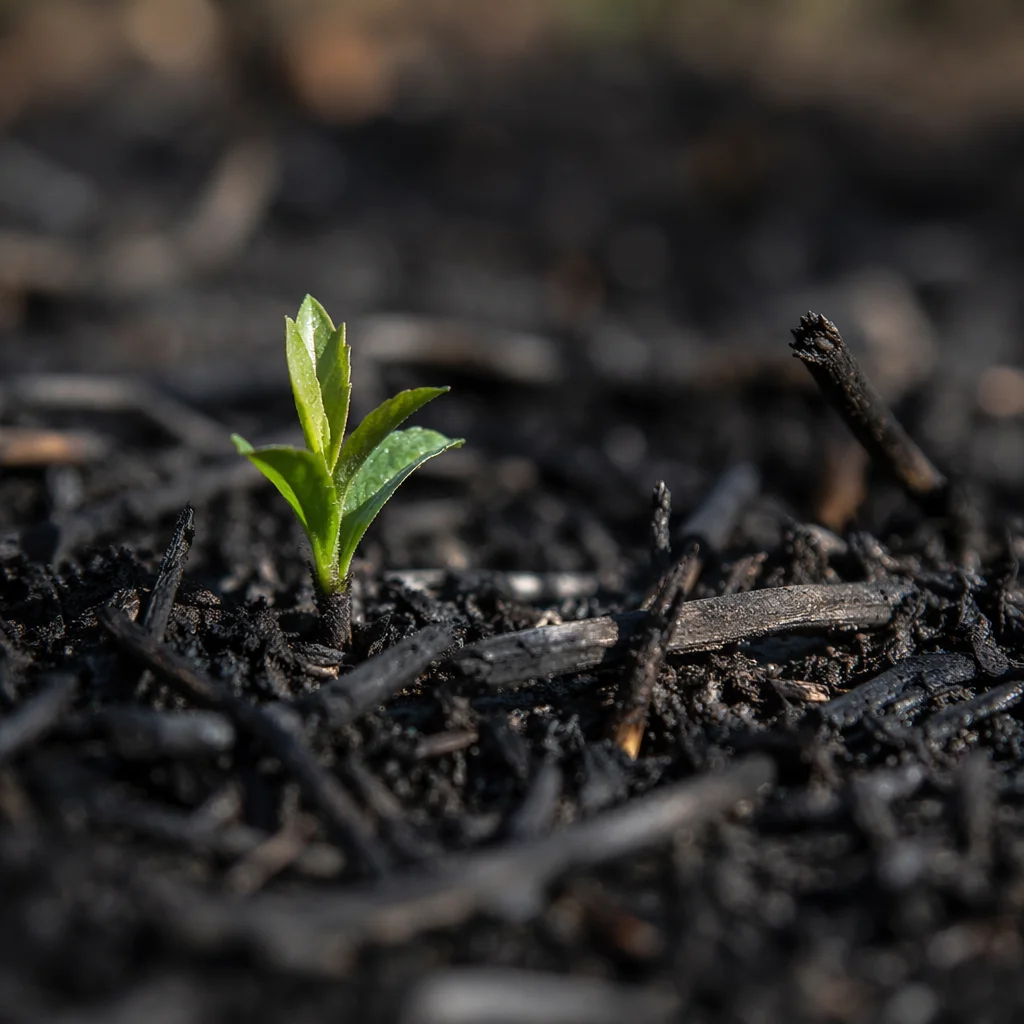 Green Shoot Rising Through Ashes