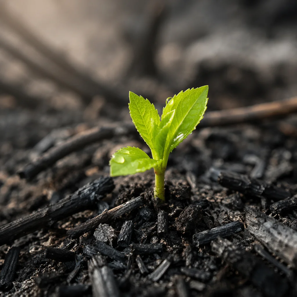 Fresh Green Shoot Rising From Ashes
