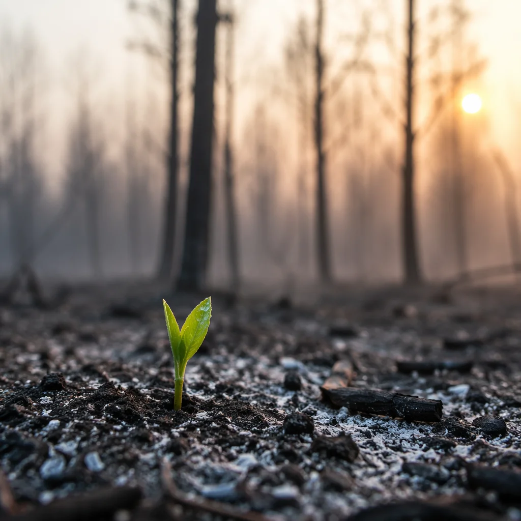 Green Shoot Rising From Ashes at Dawn