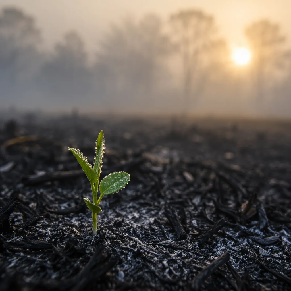 Green Shoot Rising from Morning Ashes