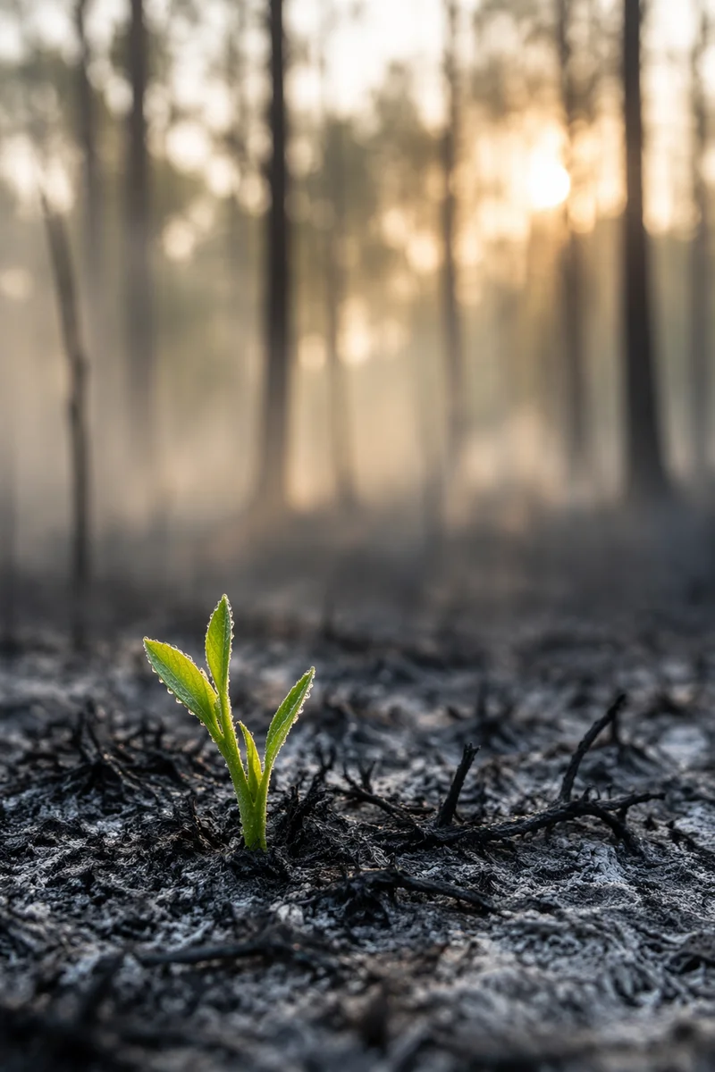 Green Shoot Rising Through Ashes at Dawn