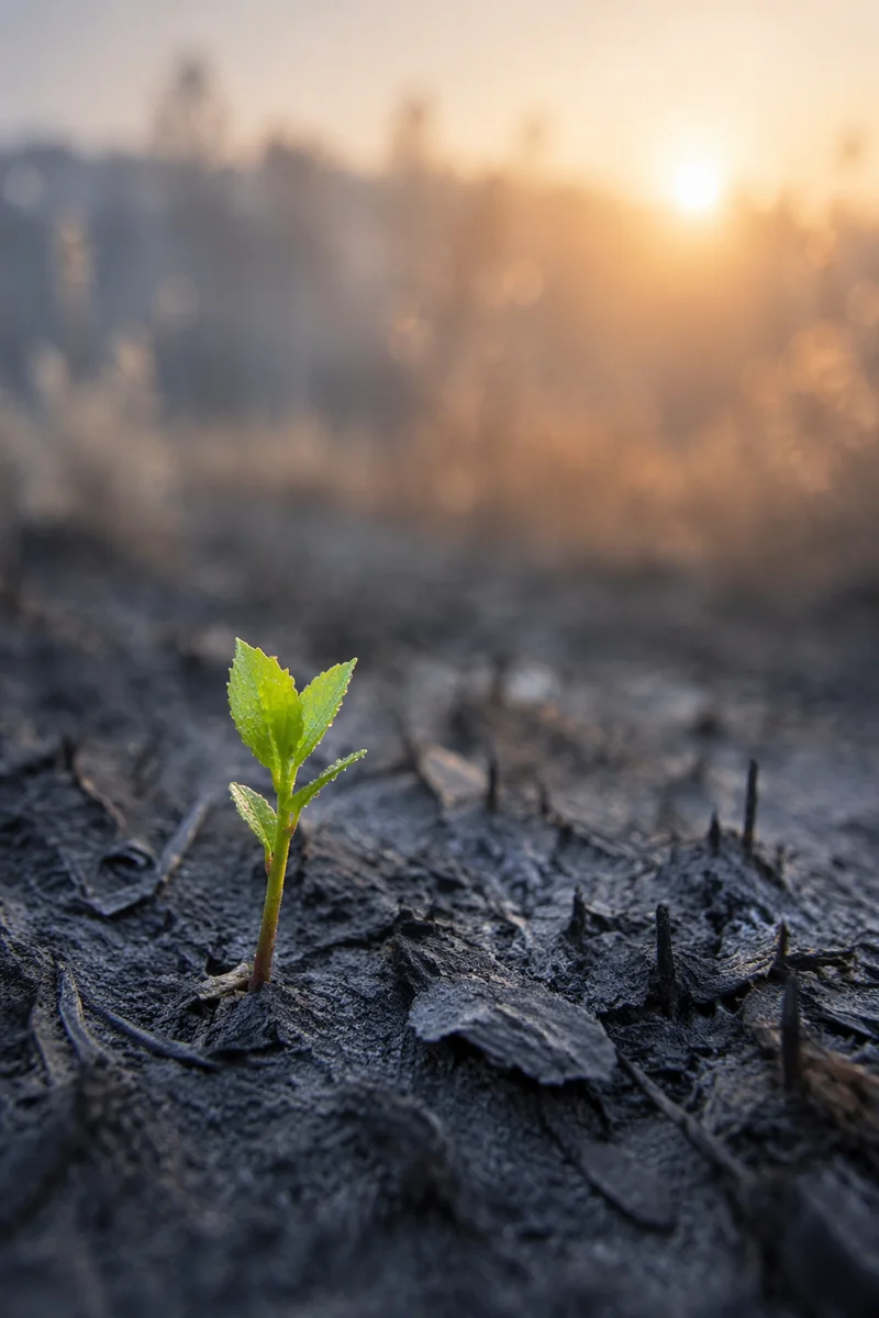 Fresh Green Shoot Rising from Ashes