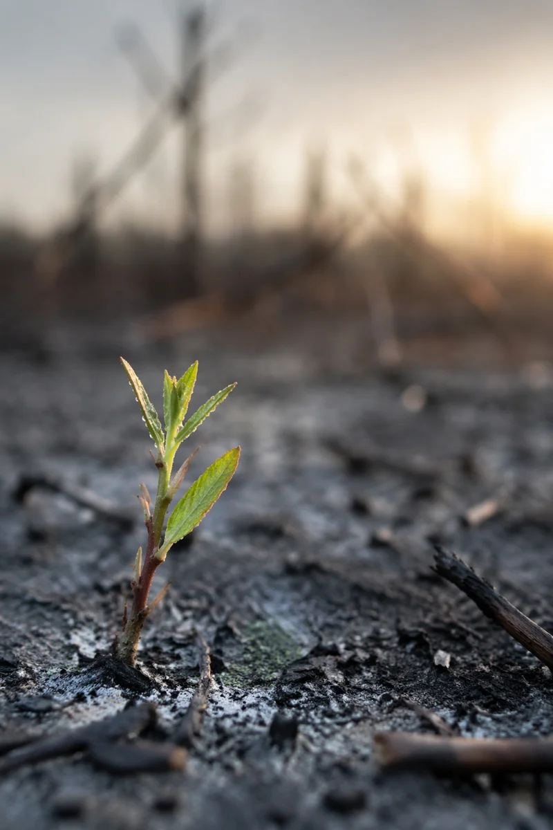 Fresh Green Shoot Rising from Ashes