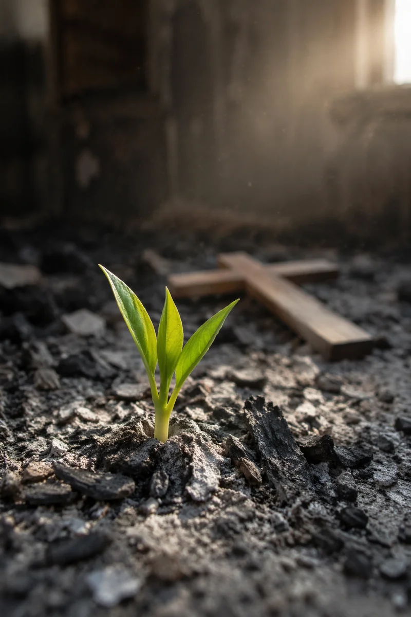 Green Shoot Rising From Prayer Room Ashes