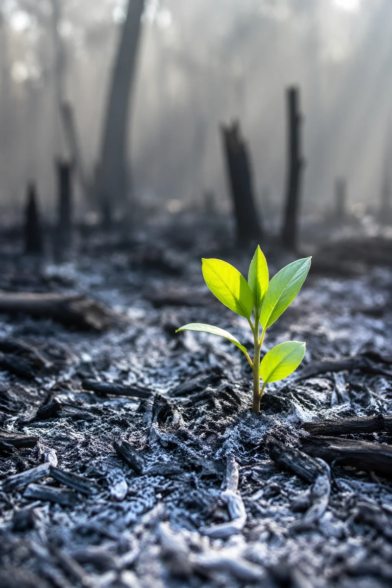 Green Shoot Emerging from Gray Ashes