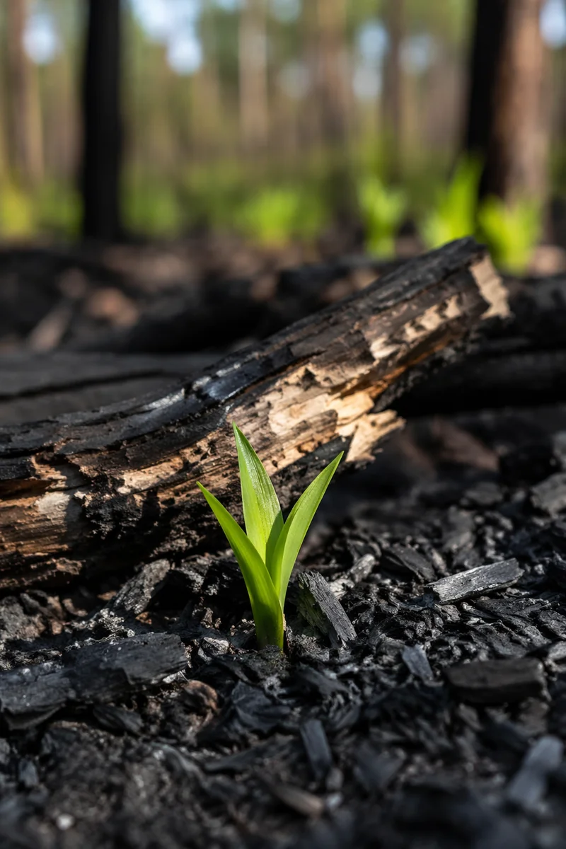 Fresh Green Shoot Rising From Ashes