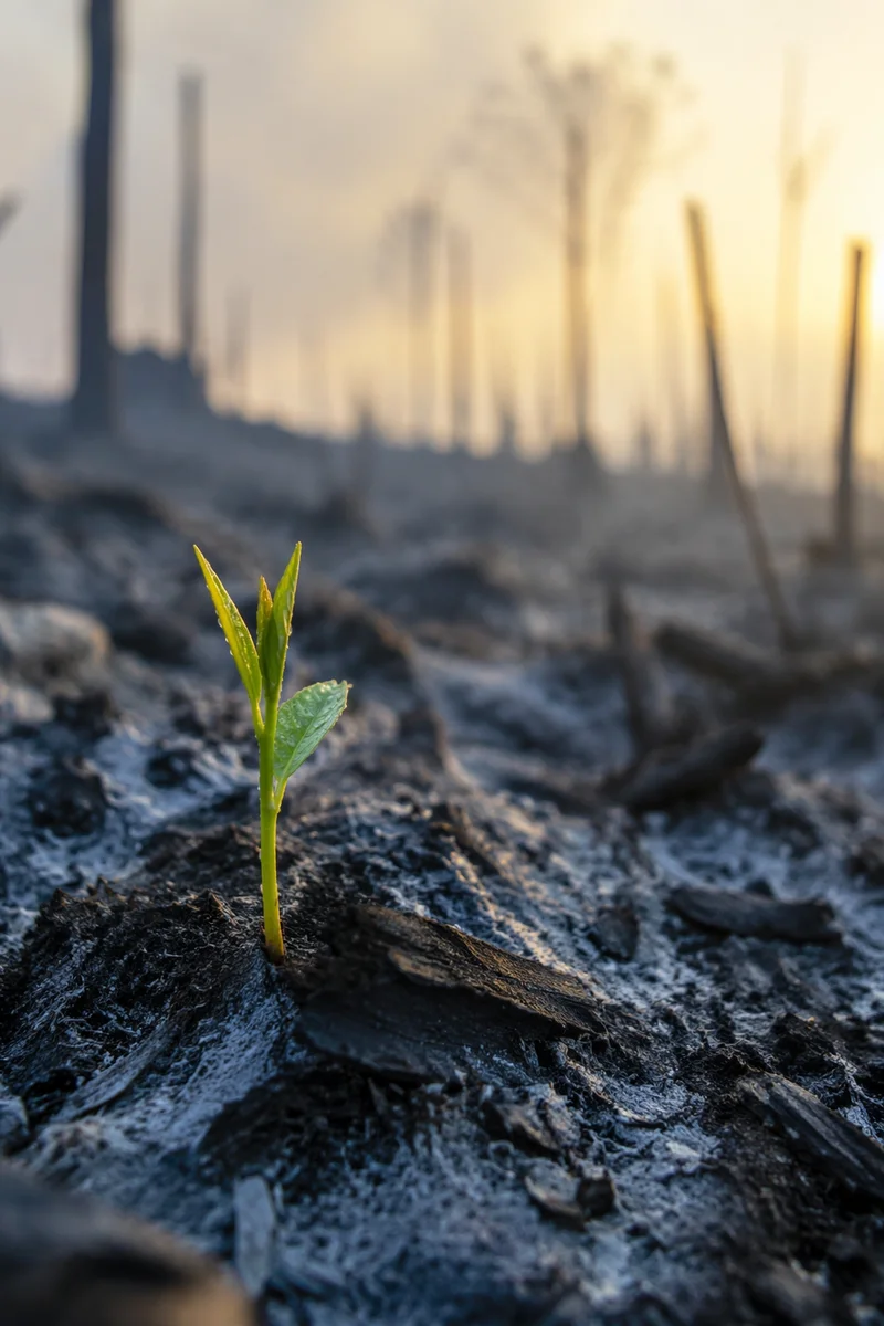 Green Shoot Rising From Ashes at Dawn
