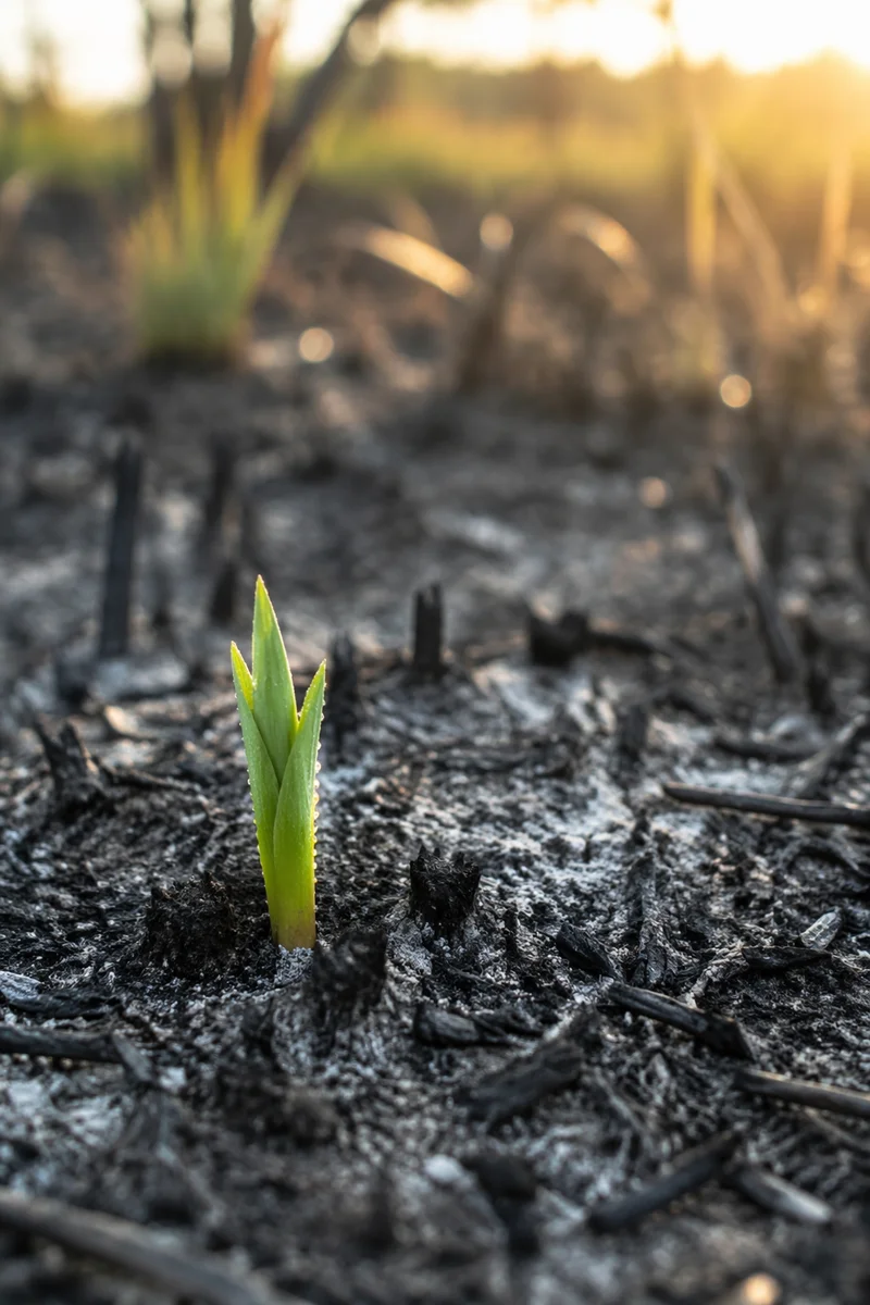 Green Shoot Rising From Ashes at Dawn