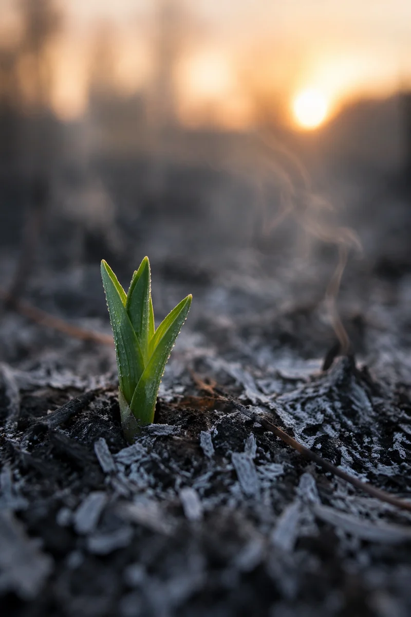 Green Shoot Rising From Ashes at Dawn