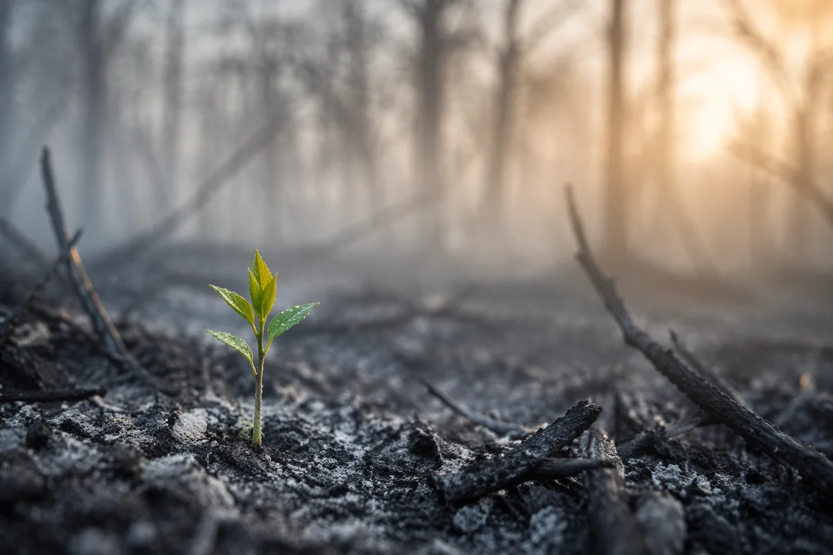 Green Shoot Rising from Ashes at Dawn
