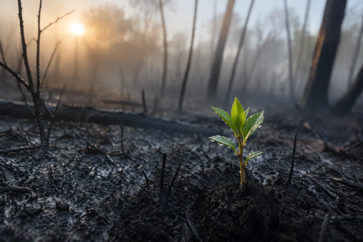 Green Shoot Rising from Rainy Ashes