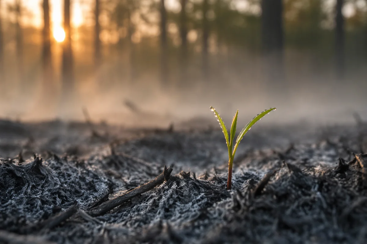 Fresh Green Shoot Rising from Ashes