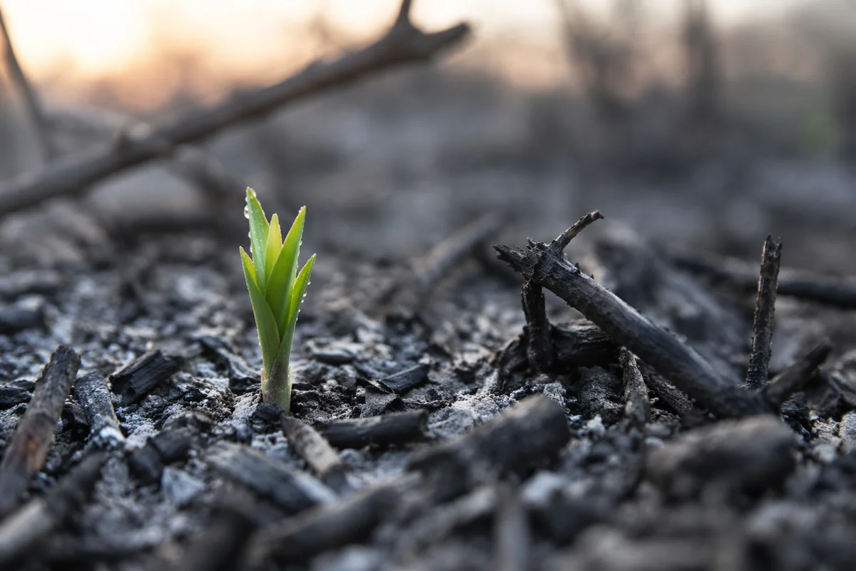 Green Shoot Emerging from Gray Ashes