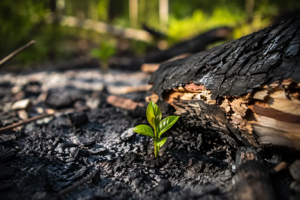 Green Shoot Rising From Charcoal Ash