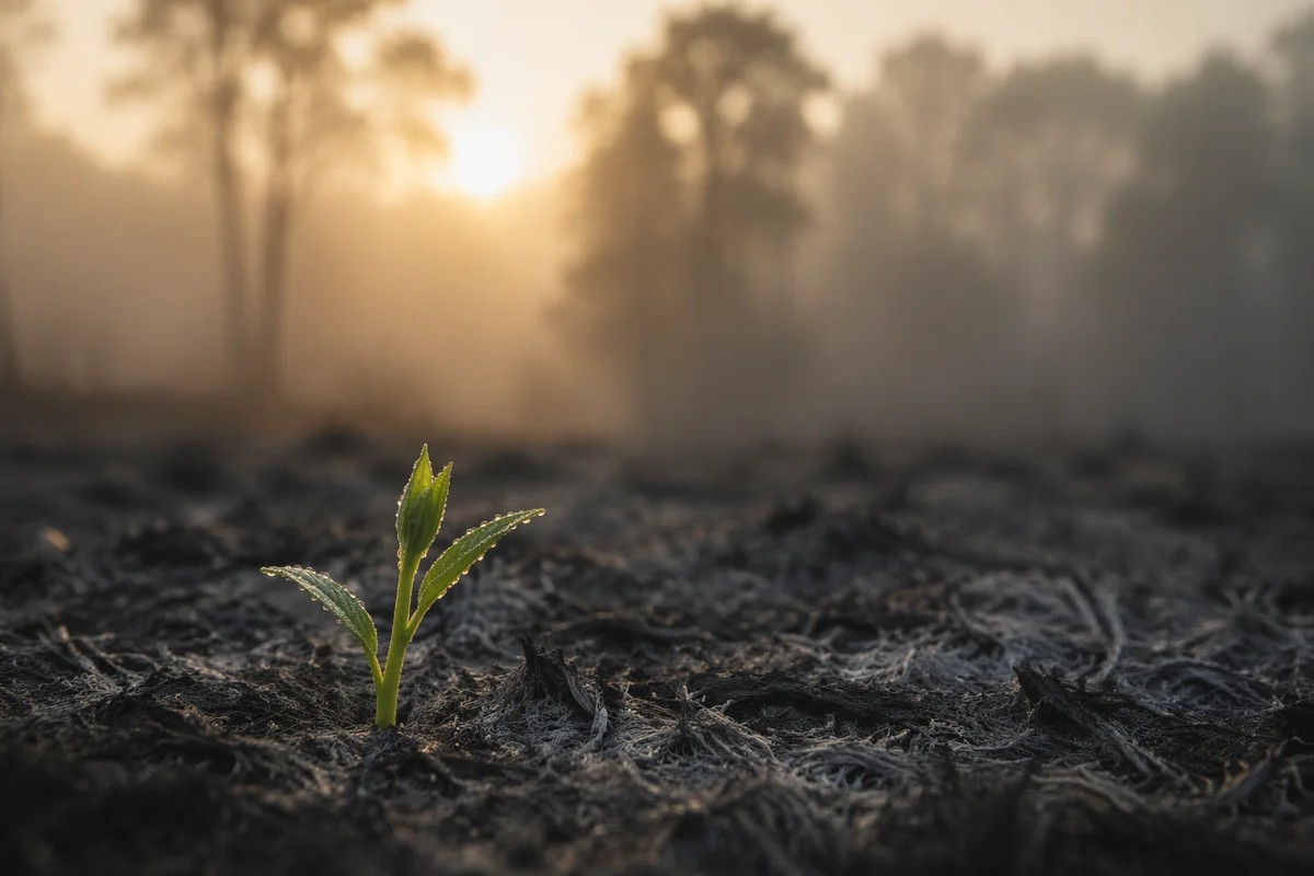 Green Shoot Rising From Ashes at Dawn