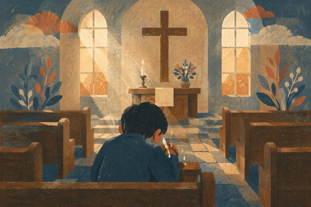 Kneeling in Repentance Before Church Cross