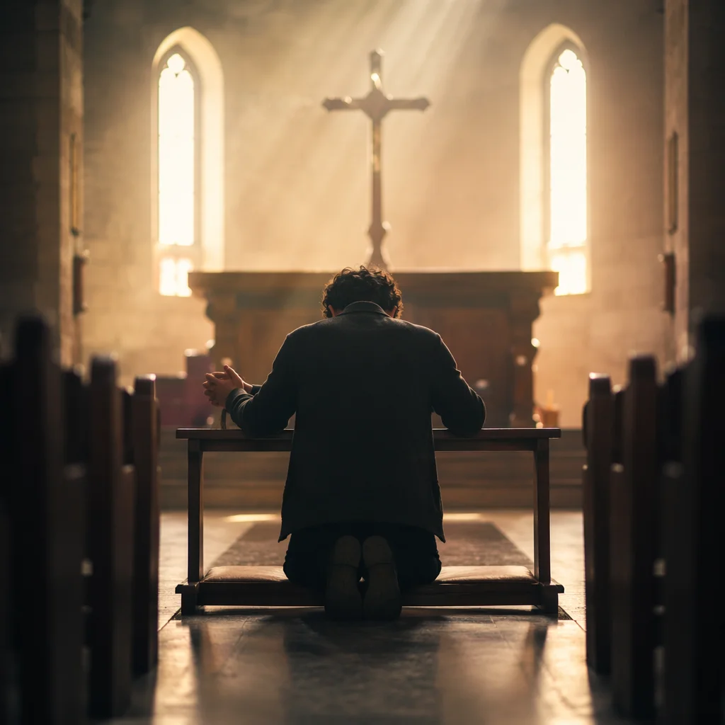 Kneeling in Repentance Before the Cross