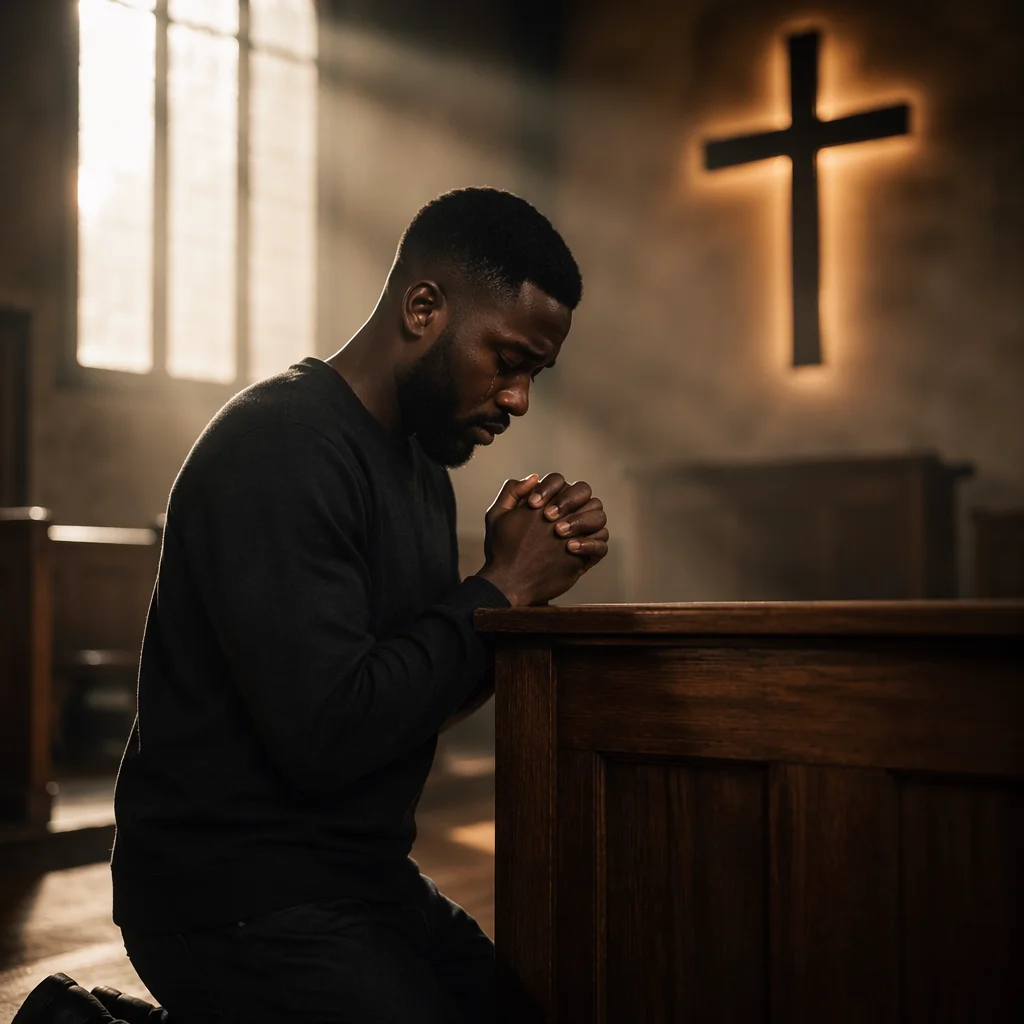 Young Man Kneeling at Church Altar
