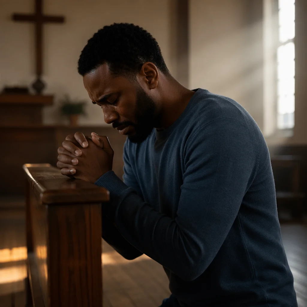 Kneeling Man in Quiet Church Sanctuary