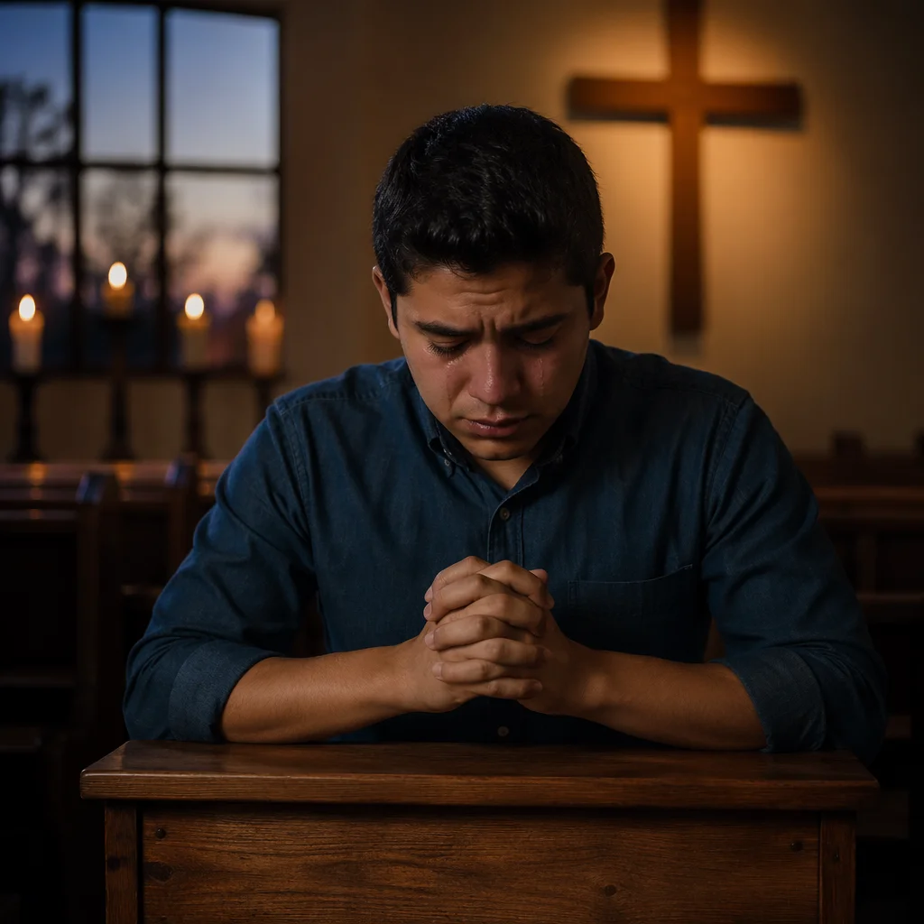 Man Kneeling at Church Altar