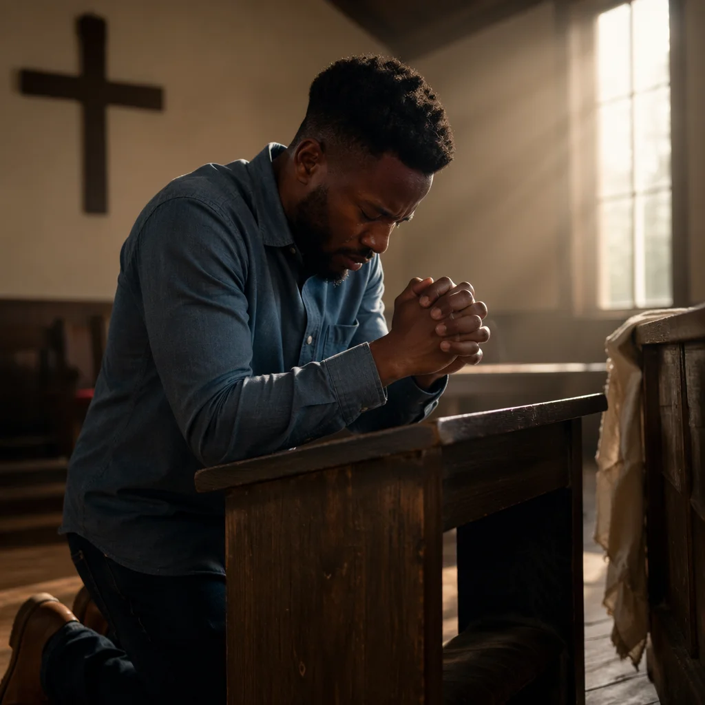 Man Kneeling at Church Altar