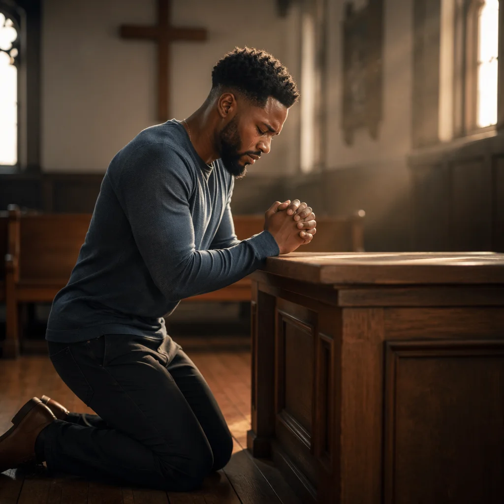 Man Kneeling at Church Altar