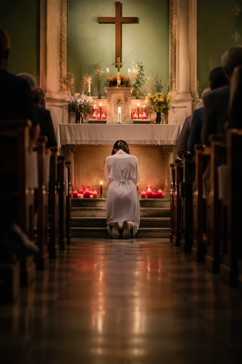 Kneeling Figure Before Church Altar Cross
