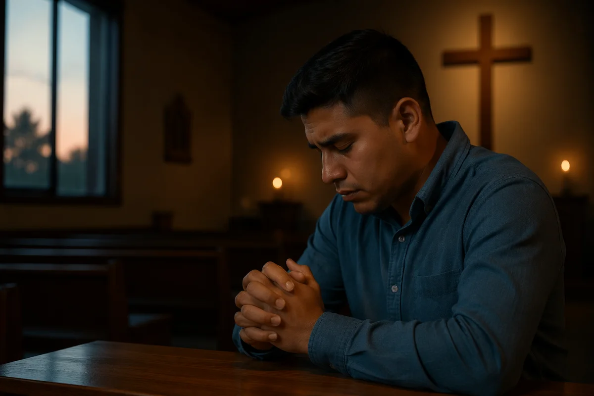 Man Kneeling at Wooden Church Altar