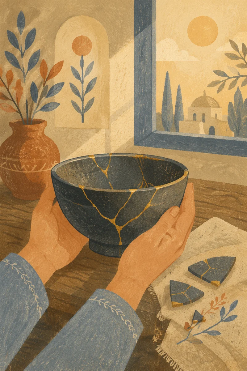 Hands Holding Restored Kintsugi Bowl
