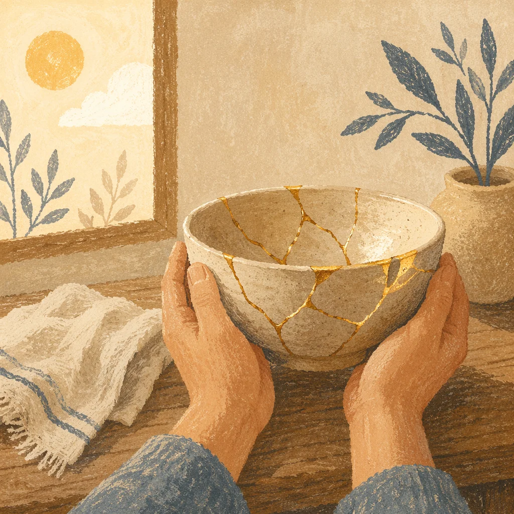 Golden Restored Pottery Held in Gentle Hands