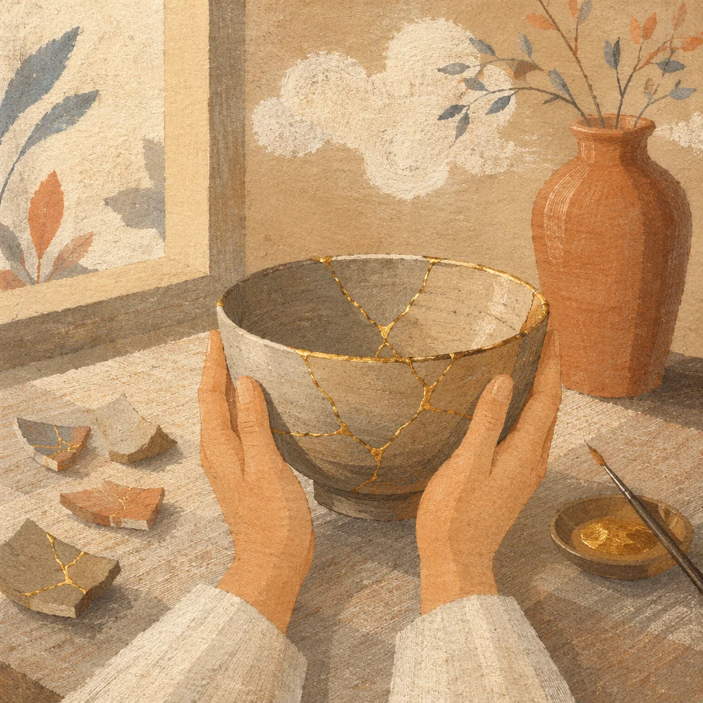 Hands Holding Restored Bowl with Gold Seams
