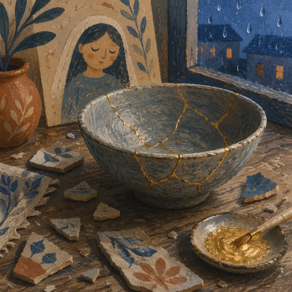 Restored Broken Pottery with Golden Seams