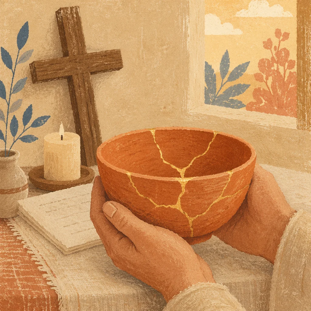 Gold Repaired Pottery Held in Prayer