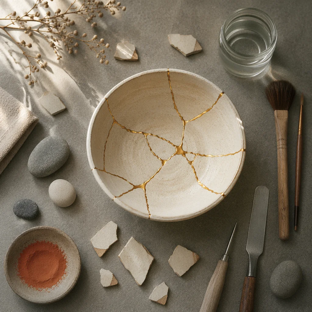 Golden Restored Pottery with Hopeful Stillness