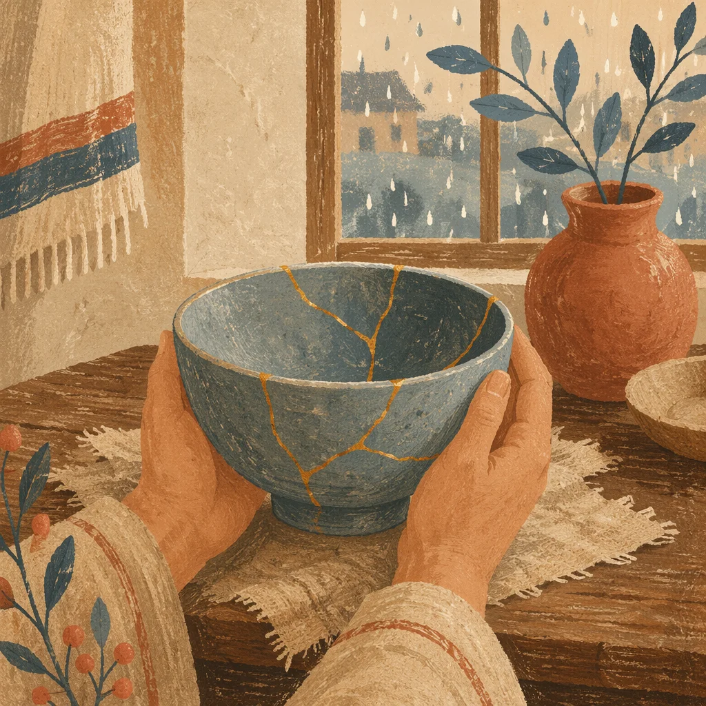 Restored Golden Pottery Held in Gentle Hands