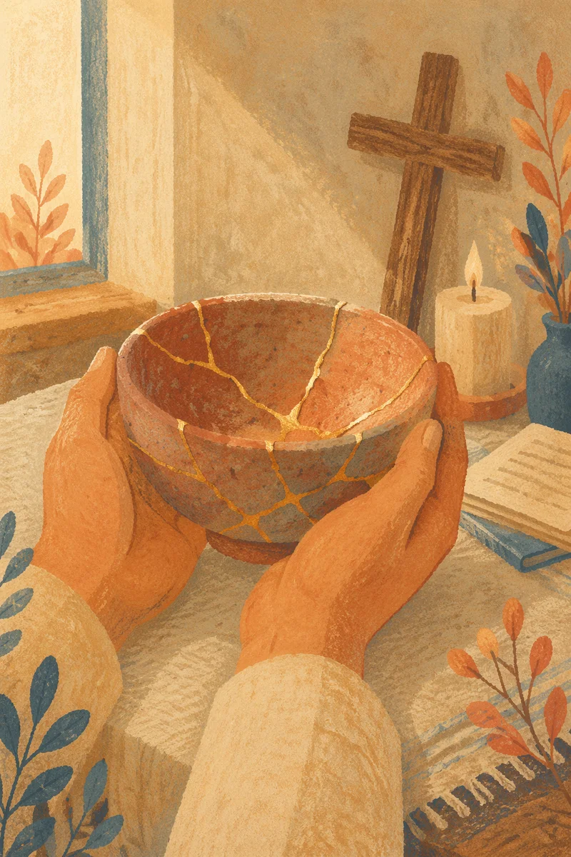Gold Repaired Pottery Held in Prayer