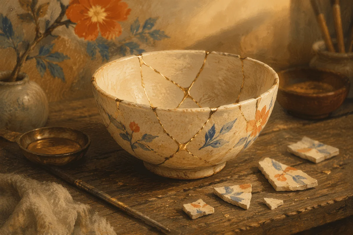 Kintsugi Bowl Restored with Golden Seams