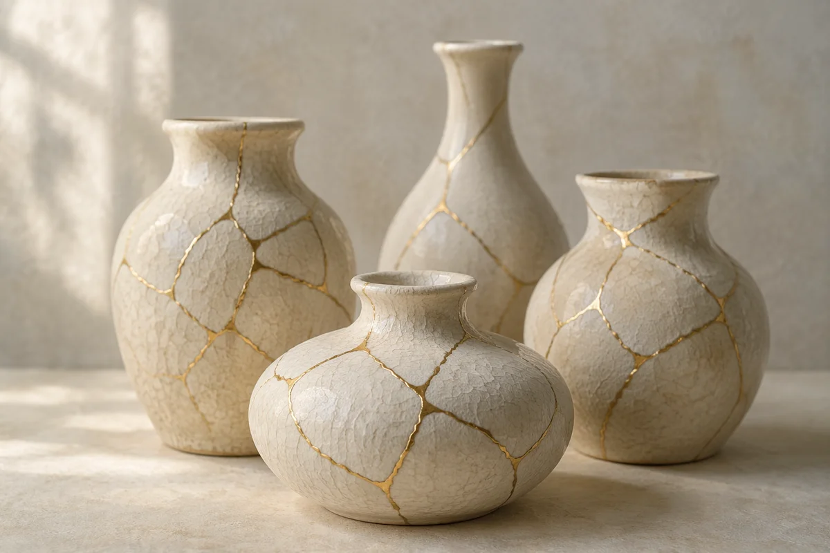 Restored Broken Pottery with Golden Seams