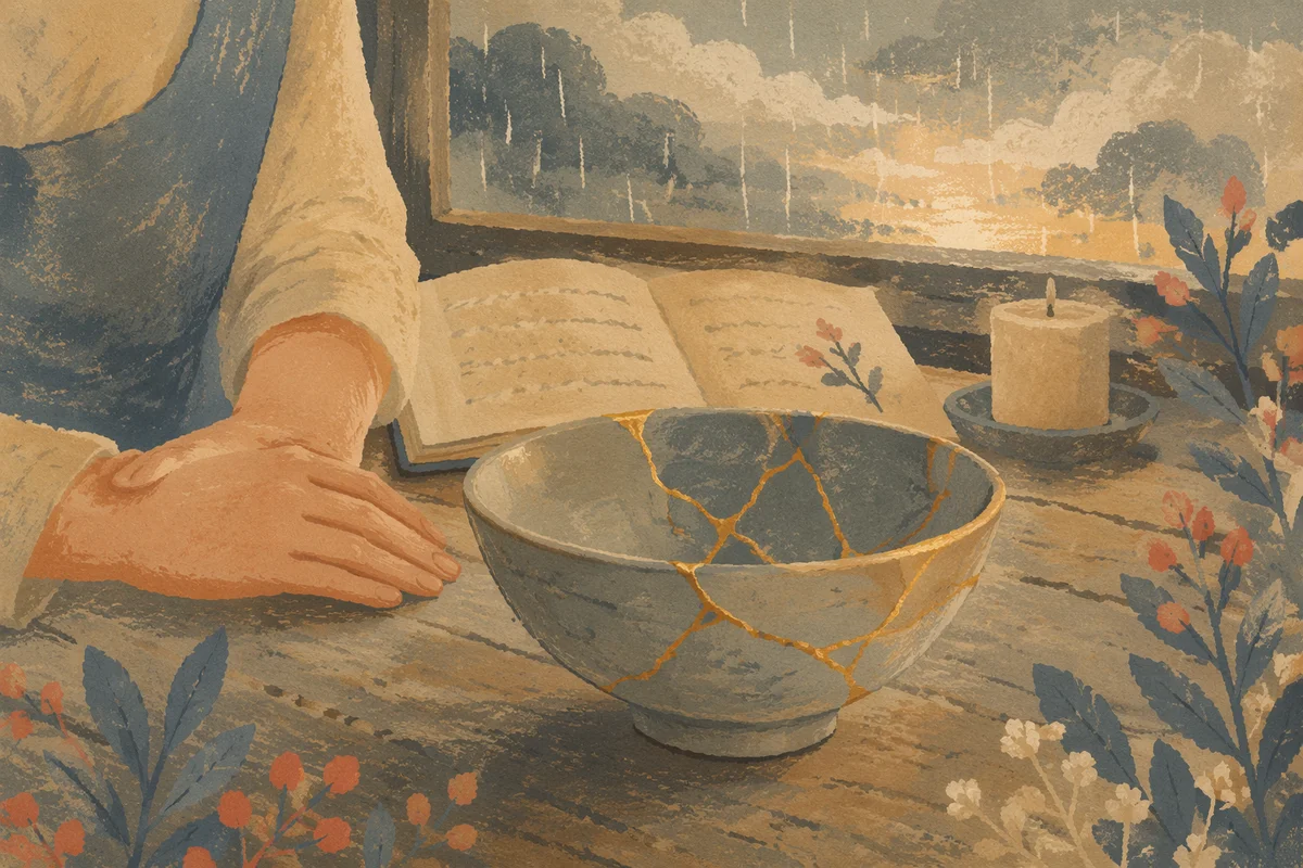 Gold Repaired Pottery Beside Gentle Hands