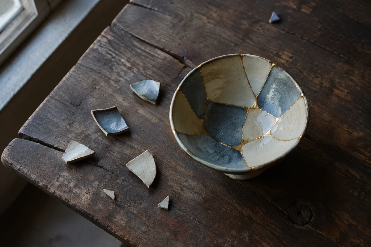 Restored Broken Pottery with Golden Seams