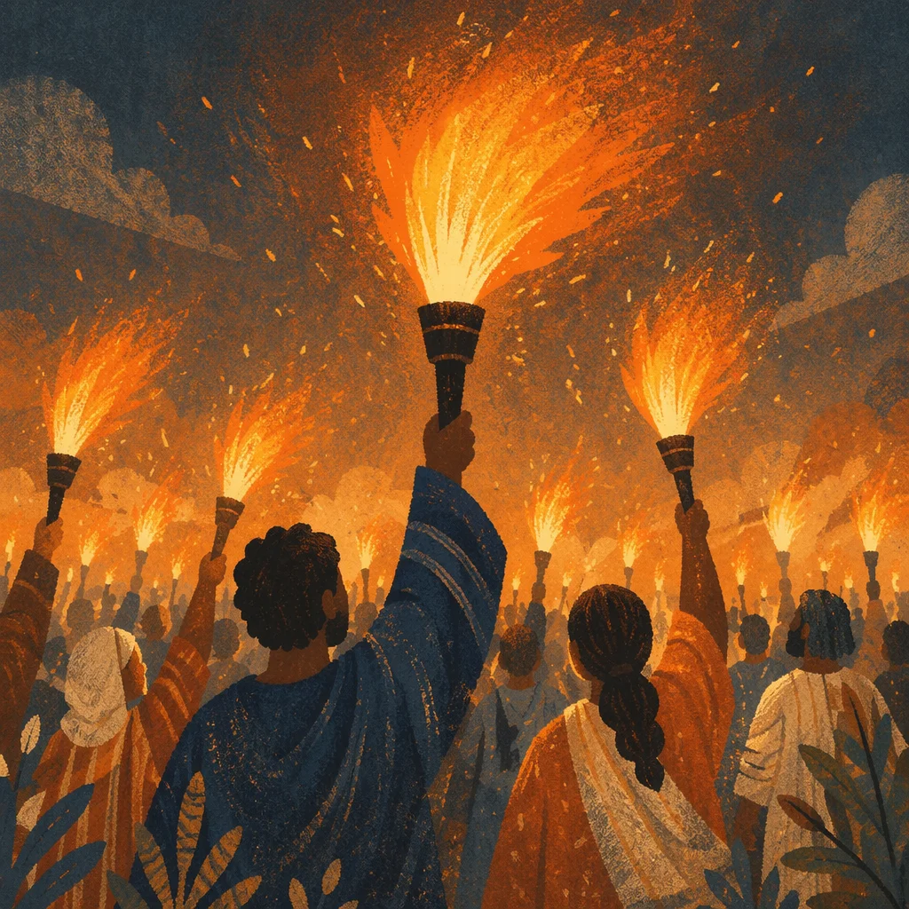Revival Crowd with Raised Fire Torches