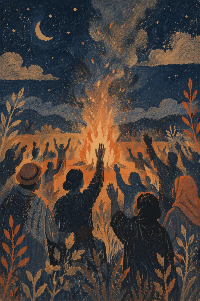 Silhouetted Crowd Around Bonfire at Night