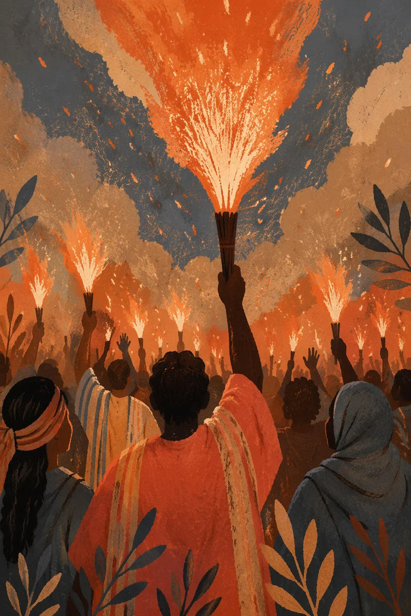 Silhouetted Crowd Holding Torches at Night