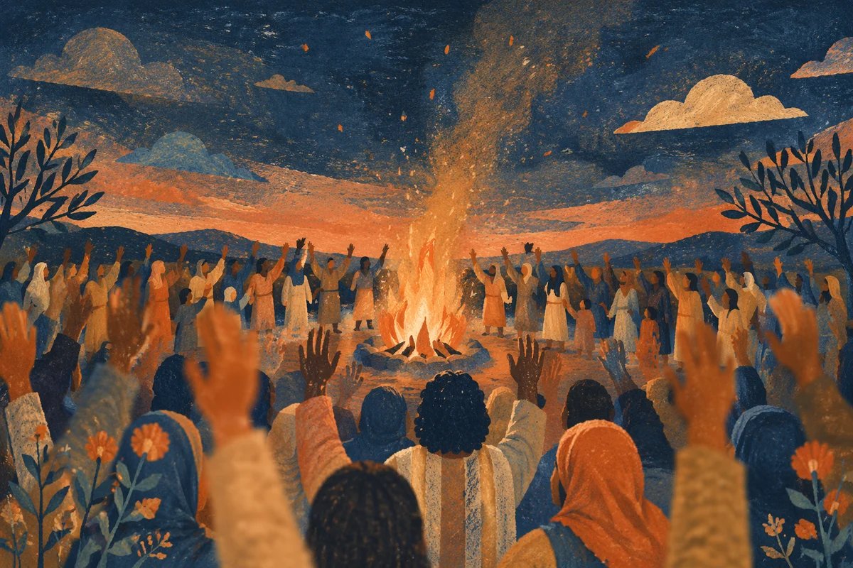 Crowd Around Bonfire at Dusk