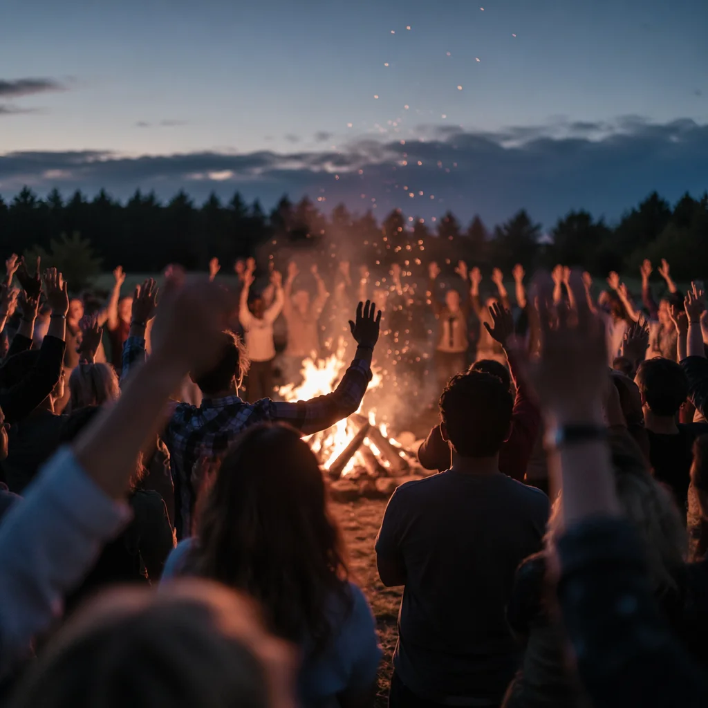Crowd Around Bonfire at Dusk